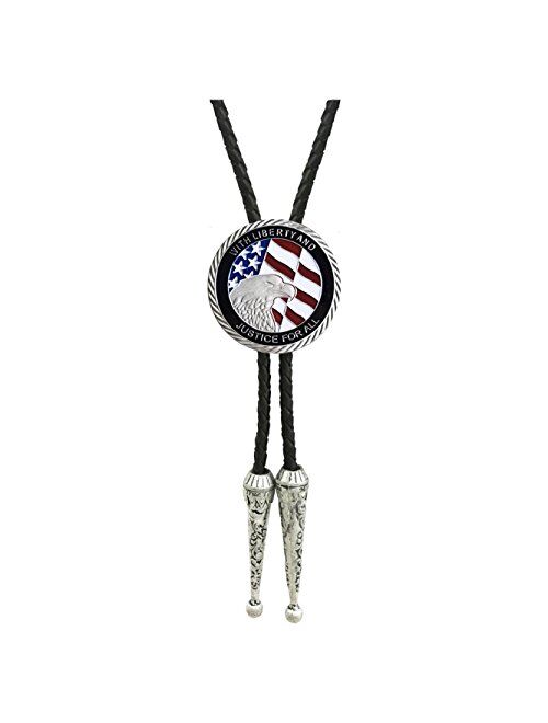 SELOVO Genuine Leather American Flag Eagle Bolo Tie Silver Tone Colored