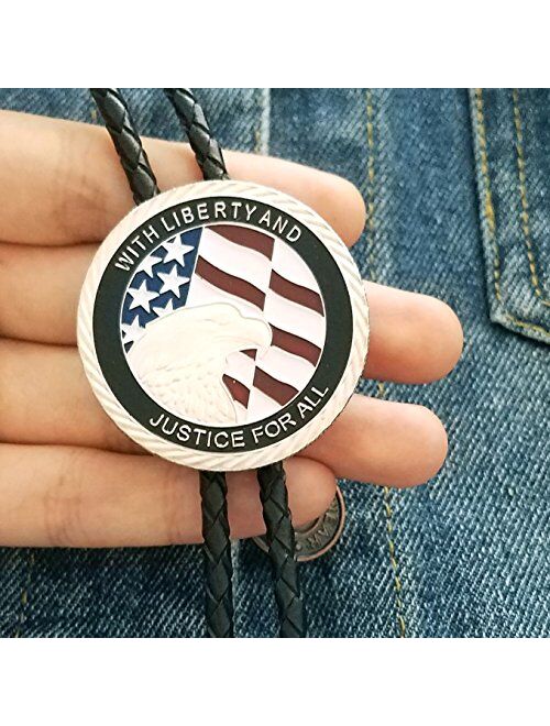 SELOVO Genuine Leather American Flag Eagle Bolo Tie Silver Tone Colored