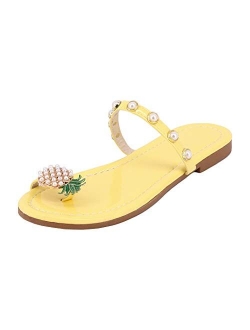 Naimo Women's Pineapple Rhinestone Sandals Shiny Flat Slippers Summer Beach Clip Toe Flip Flops