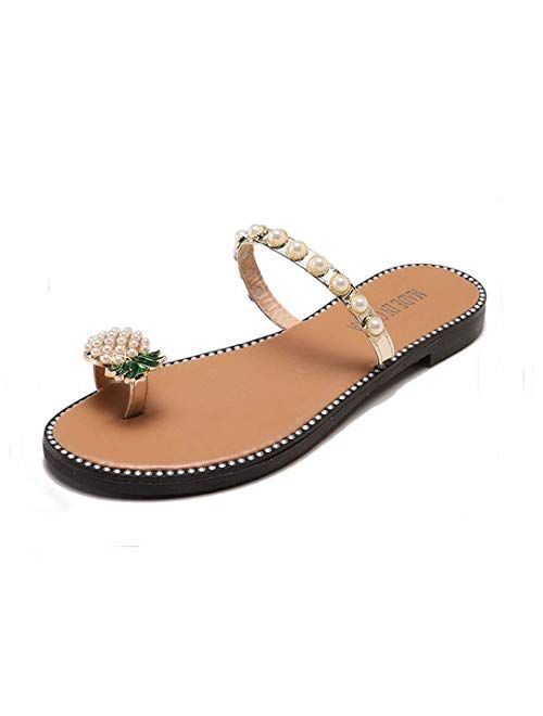 Naimo Women's Pineapple Rhinestone Sandals Shiny Flat Slippers Summer Beach Clip Toe Flip Flops