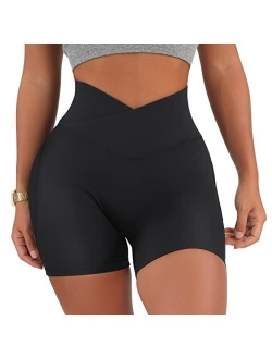 Women Cross Waist Workout Shorts with Pocket 5" Booty High Waisted Shorts