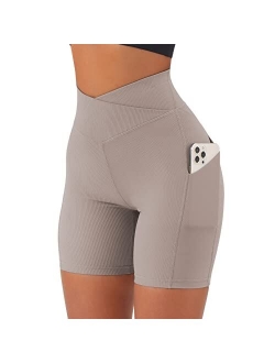 Women Cross Waist Workout Shorts with Pocket 5" Booty High Waisted Shorts