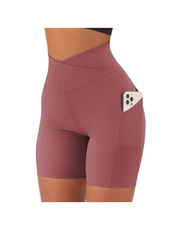 Women Cross Waist Workout Shorts with Pocket 5" Booty High Waisted Shorts