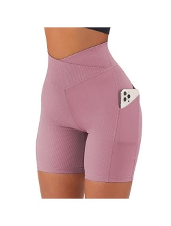 Women Cross Waist Workout Shorts with Pocket 5" Booty High Waisted Shorts