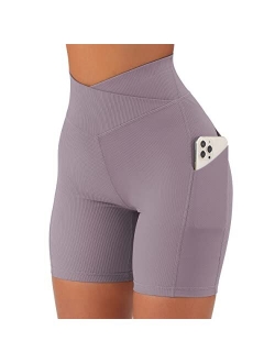 Women Cross Waist Workout Shorts with Pocket 5" Booty High Waisted Shorts