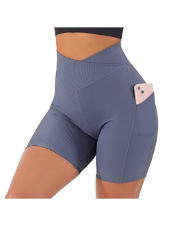 Women Cross Waist Workout Shorts with Pocket 5" Booty High Waisted Shorts