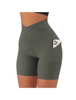 Women Cross Waist Workout Shorts with Pocket 5" Booty High Waisted Shorts