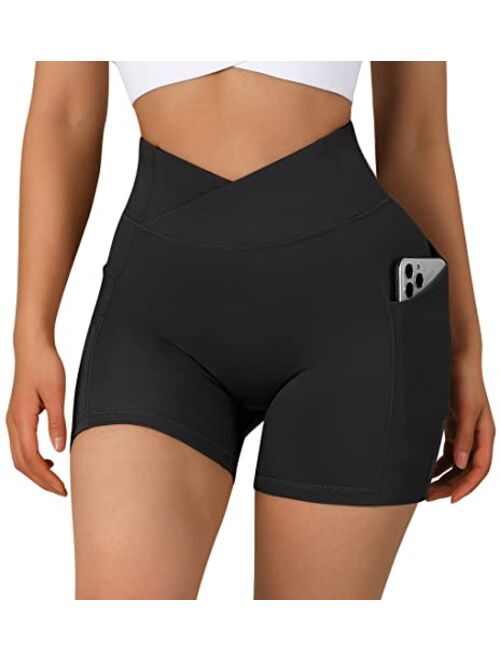 OMKAGI Women Cross Waist Workout Shorts with Pocket 5" Booty High Waisted Shorts