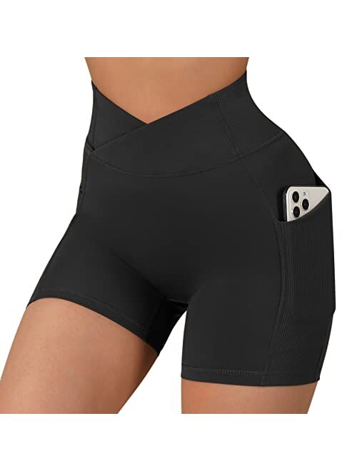 OMKAGI Women Cross Waist Workout Shorts with Pocket 5" Booty High Waisted Shorts