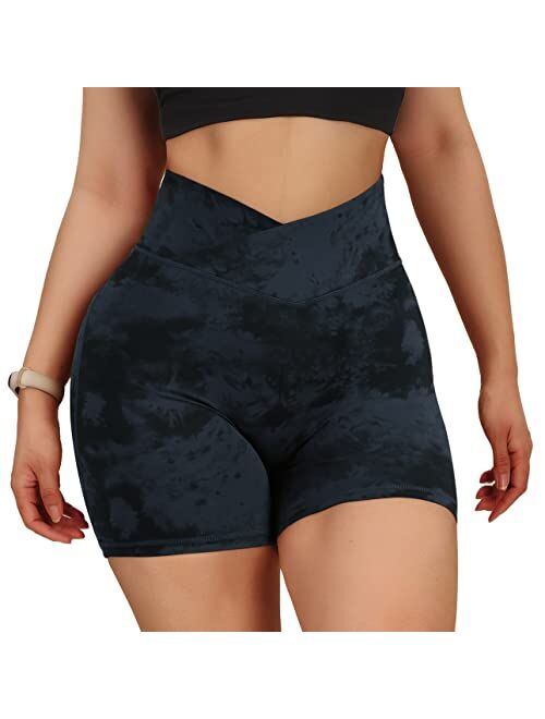 OMKAGI Women Cross Waist Workout Shorts with Pocket 5" Booty High Waisted Shorts