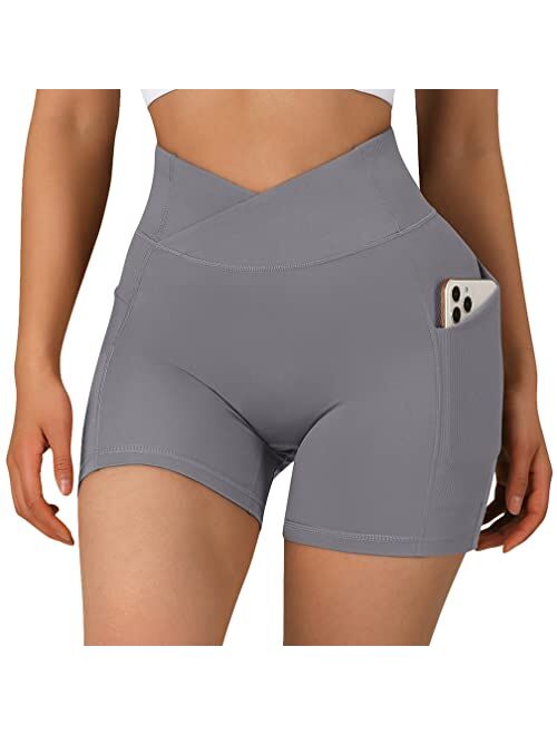 OMKAGI Women Cross Waist Workout Shorts with Pocket 5" Booty High Waisted Shorts