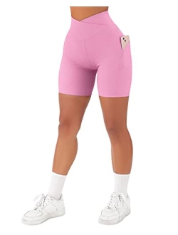 Women Cross Workout Shorts with Pockets 5" High Waist Booty Biker Short