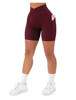 Women Cross Workout Shorts with Pockets 5" High Waist Booty Biker Short