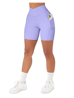 Women Cross Workout Shorts with Pockets 5" High Waist Booty Biker Short