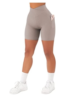 Women Cross Workout Shorts with Pockets 5" High Waist Booty Biker Short