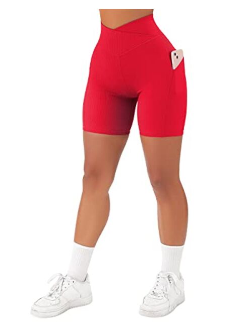 SUUKSESS Women Cross Workout Shorts with Pockets 5" High Waist Booty Biker Short