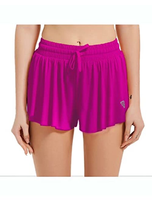 Wsirmet Women's 2-in-1 Double Layer Running Yoga Shorts Quick-Dry Drawstring Waist Flowy Hem Fitness Workout Athletic Shorts