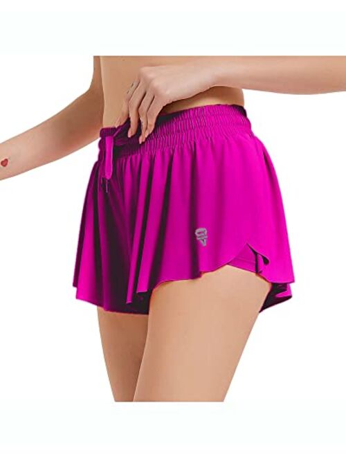 Wsirmet Women's 2-in-1 Double Layer Running Yoga Shorts Quick-Dry Drawstring Waist Flowy Hem Fitness Workout Athletic Shorts