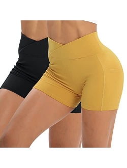 Iserkafe Workout Shorts for Women 2 Pcs Pack Cross Waist Active Gym Spandex Stretchy Yoga Compression with Side Pockets