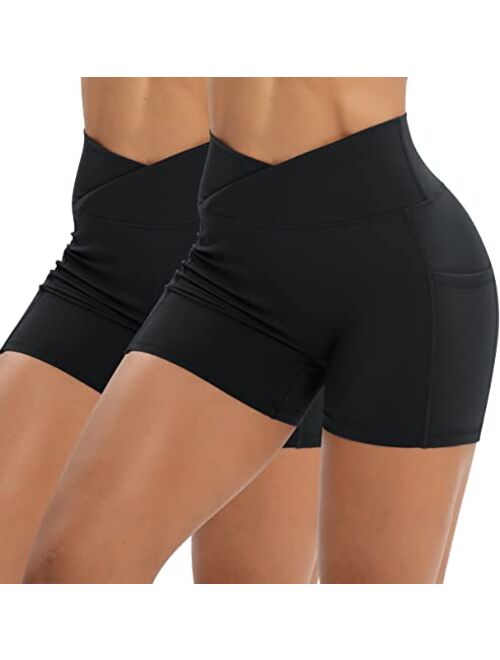 Iserkafe Workout Shorts for Women 2 Pcs Pack Cross Waist Active Gym Spandex Stretchy Yoga Compression with Side Pockets