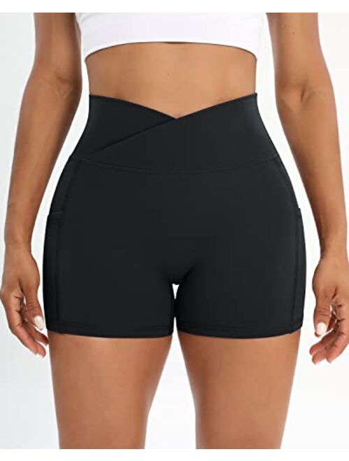 Iserkafe Workout Shorts for Women 2 Pcs Pack Cross Waist Active Gym Spandex Stretchy Yoga Compression with Side Pockets