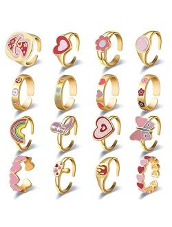 Une Douce 16 Pcs Y2k Colorful Rings Set for Women and Teen Girls, Gold Plating Adjustable Open Rings Pack, Fashion Stacking Chunky Rings, Flame, Mushroom, Heartthrob Smil