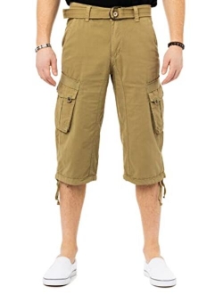 X RAY Men's Belted Tactical Cargo Long Shorts 18" Inseam Below Knee Length Multi Pocket 3/4 Capri Pants