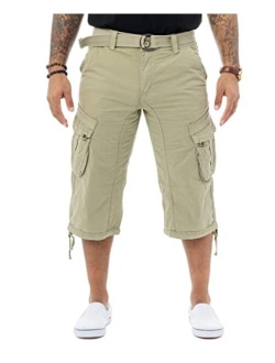 X RAY Men's Belted Tactical Cargo Long Shorts 18" Inseam Below Knee Length Multi Pocket 3/4 Capri Pants