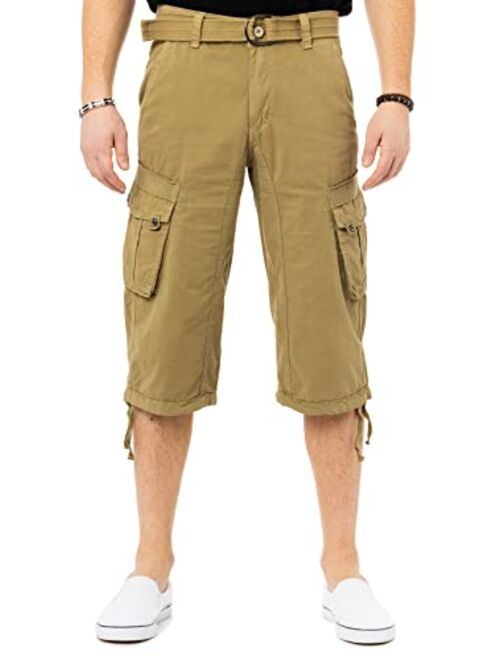 X RAY Men's Belted Tactical Cargo Long Shorts 18" Inseam Below Knee Length Multi Pocket 3/4 Capri Pants