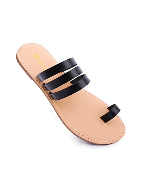 Huayuanwell Women's Strappy Slides Flat Sandals Strappy Slides Sandals Open Toe Summer Shoes