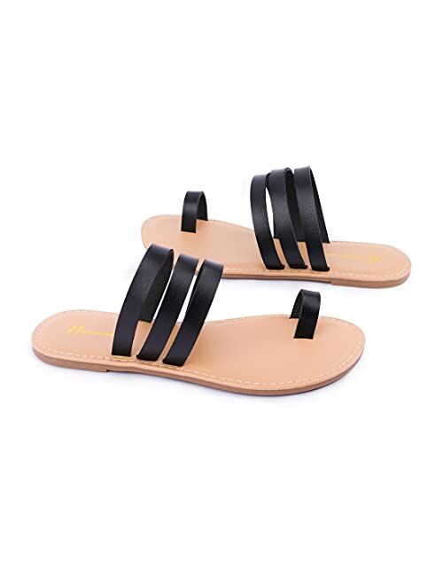 Huayuanwell Women's Strappy Slides Flat Sandals Strappy Slides Sandals Open Toe Summer Shoes