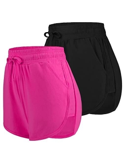 URATOT 2 Pack Cotton Yoga Short Women Summer Running Gym Sports Waistband Shorts with Pockets