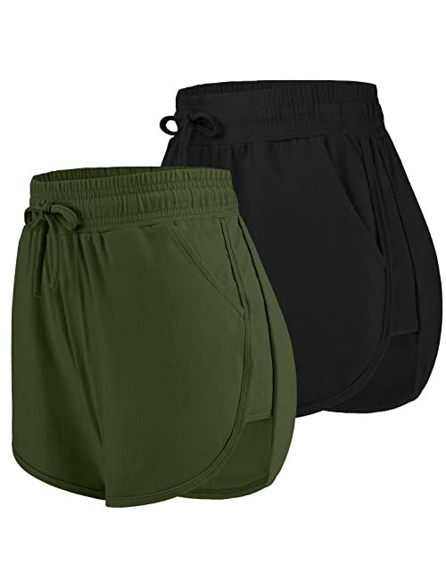 URATOT 2 Pack Cotton Yoga Short Women Summer Running Gym Sports Waistband Shorts with Pockets