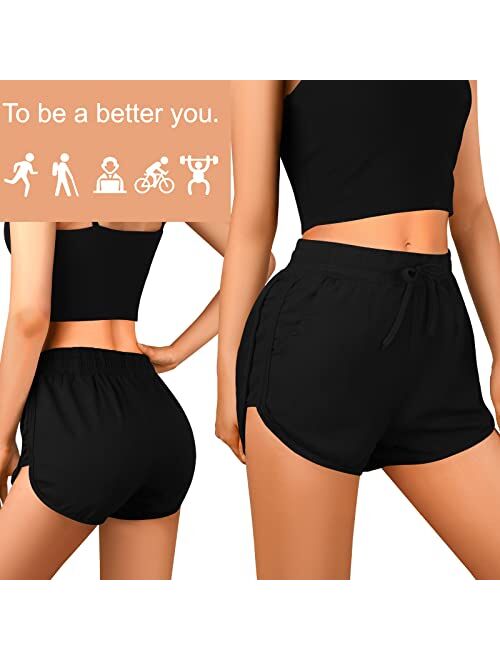 URATOT 2 Pack Cotton Yoga Short Women Summer Running Gym Sports Waistband Shorts with Pockets