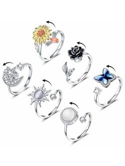 KOHOTA Fidget Rings for Women Girls Spinner Ring for Anxiety Adjustable CZ Sunflower Butterfly Rose Star Moon Stress Relief Open Rings Set