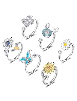 KOHOTA Fidget Rings for Women Girls Spinner Ring for Anxiety Adjustable CZ Sunflower Butterfly Rose Star Moon Stress Relief Open Rings Set