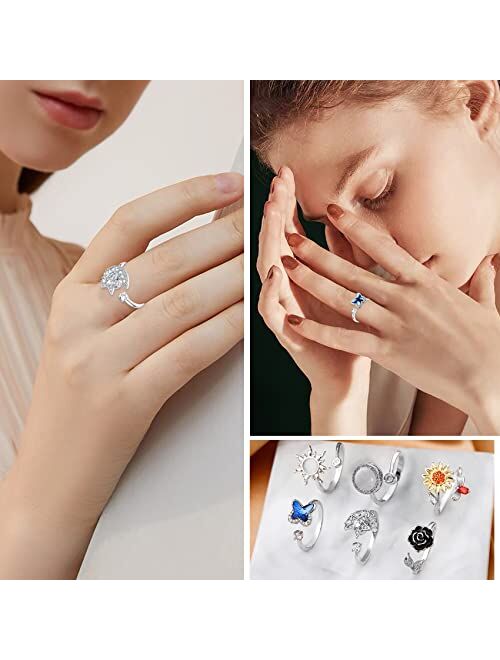 KOHOTA Fidget Rings for Women Girls Spinner Ring for Anxiety Adjustable CZ Sunflower Butterfly Rose Star Moon Stress Relief Open Rings Set