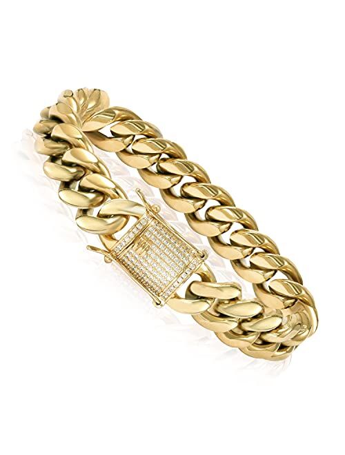 GOLD IDEA JEWELRY 14k Gold Plated Stainless Steel Thick Miami Cuban Link Chain with Lab Diamond Clasp Men's Hip Hop Necklace or Bracelet for Men Women