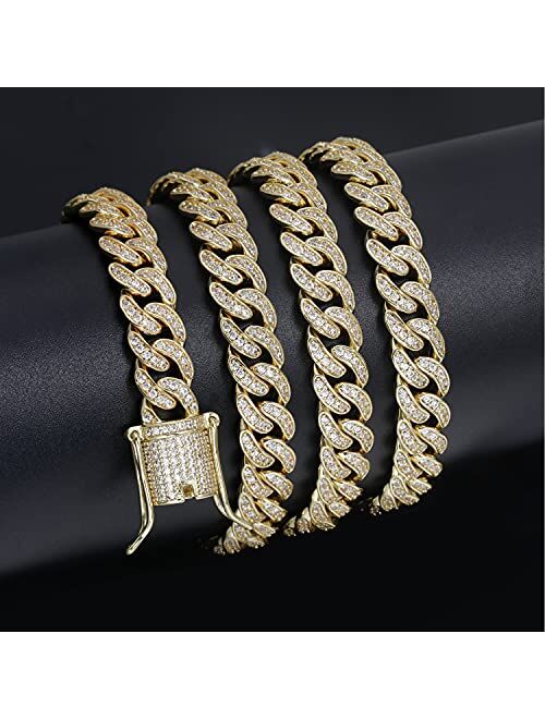 PY BLING 8mm Mens Iced Out Hip Hop Miami Cuban Link Chain Choker 14K/18K Gold White Gold plated CZ Necklace/Bracelet 8.5"-24"