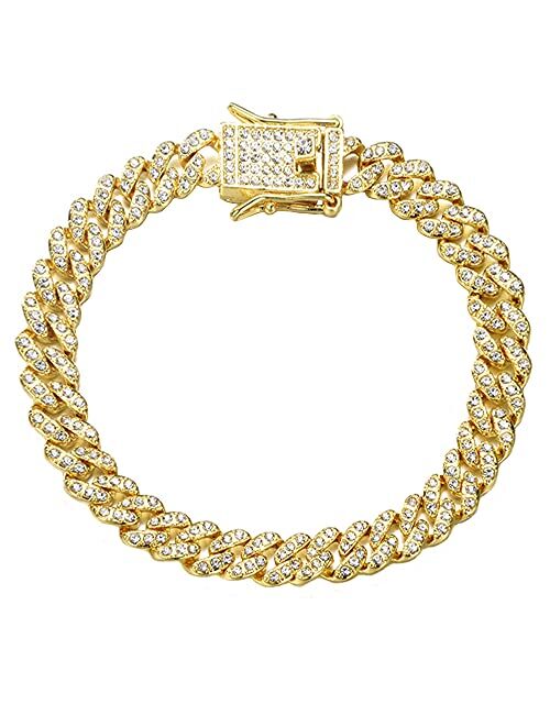 Apzzic 8mm Hip Hop Miami Cuban Link Chain Iced Out Rhinestone Zircon Paved Gold Plated Full CZ Diamond Bracelet Necklace for Men Women