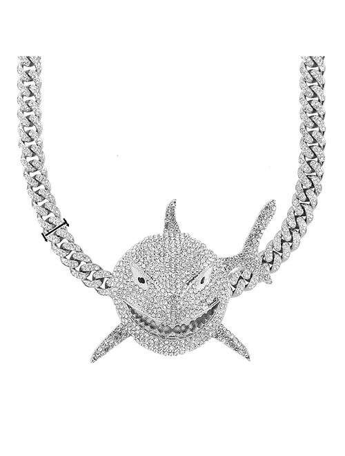 Xikui Diamond Necklace Chain, 18K Gold Plated Hip Hop Shark Pendant with Cuban Chain Width 13MM Length 19.7in(50cm) for Men/Women, Ice Out Chain, Holidays (Halloween, Chr