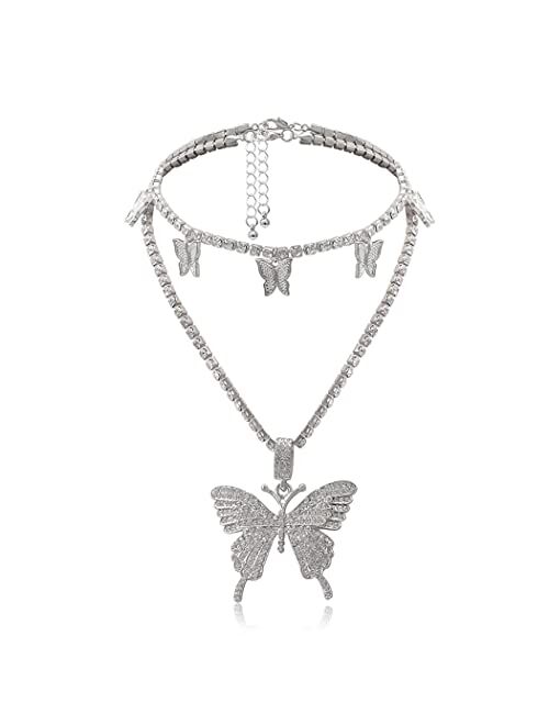 Earent Crystal Butterfly Choker Necklace Rhinestone Pendant Necklaces Chain Sparkly Butterfly Jewerly Fashion Party Accessories for Women and Girls