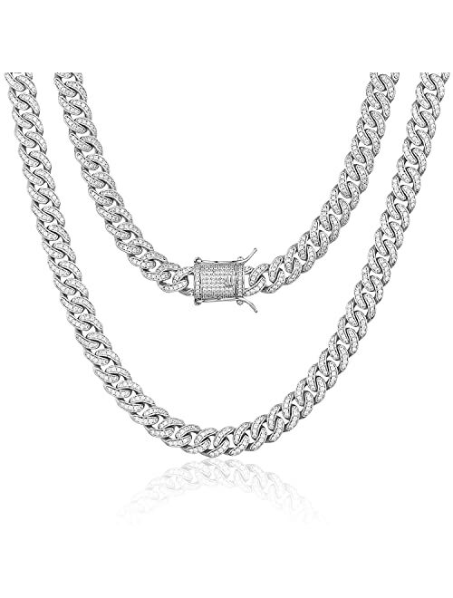 TRIPOD JEWELRY 8mm Real 14K or White Gold Plated Diamond Iced Out Cuban Link Chain or Bracelet Hip Hop Miami Prong-setting Necklace Choker for Men Women