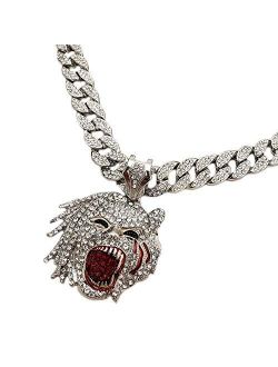 Blingfactory Hip Hop Half Man Half Beast Pendant & 18" Full Iced Cuban Choker Chain Necklace