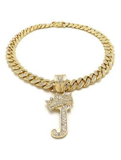 BLINGFACTORY Hip Hop Alphabet Initial J Pendant & 12mm 18" Full Iced Box Lock Cuban Chain Necklace