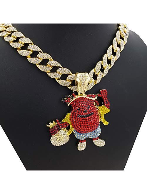 Blingfactory Hip Hop KOOL AID MAN Holding Money Bag Pendant & 18" Iced Cuban Link Choker Chain Necklace