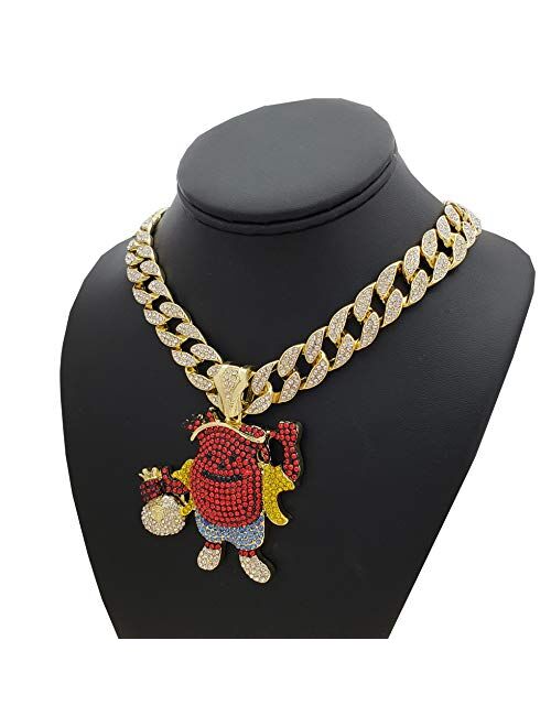 Blingfactory Hip Hop KOOL AID MAN Holding Money Bag Pendant & 18" Iced Cuban Link Choker Chain Necklace