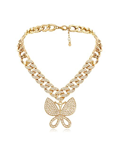 Hahagirl Statment Big Butterfly Pendant Necklace Rhinestone Chain for Women Girl Bling Bling Gold Silver Chain Shiny Crystal Choker Necklace Jewelry Gifts