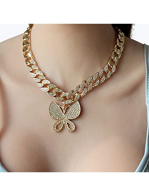 Hahagirl Statment Big Butterfly Pendant Necklace Rhinestone Chain for Women Girl Bling Bling Gold Silver Chain Shiny Crystal Choker Necklace Jewelry Gifts