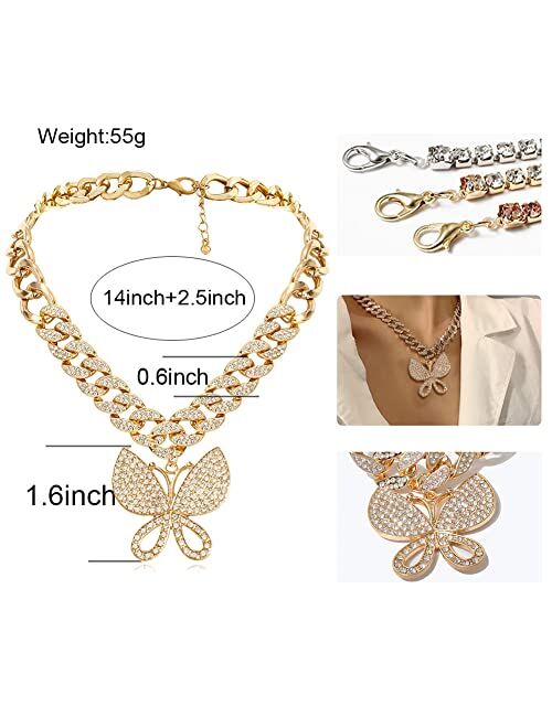 Hahagirl Statment Big Butterfly Pendant Necklace Rhinestone Chain for Women Girl Bling Bling Gold Silver Chain Shiny Crystal Choker Necklace Jewelry Gifts